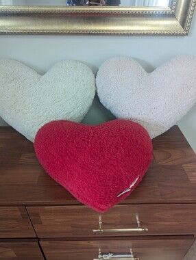 3 Plush Heart Throw Pillows -Red Faux Shearling